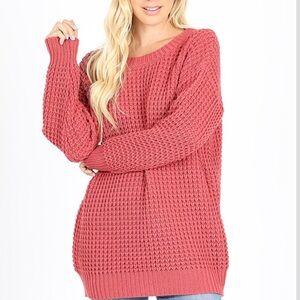 NWT zenana premium Chunky waffle knit oversized sweater tunic Rose sz L